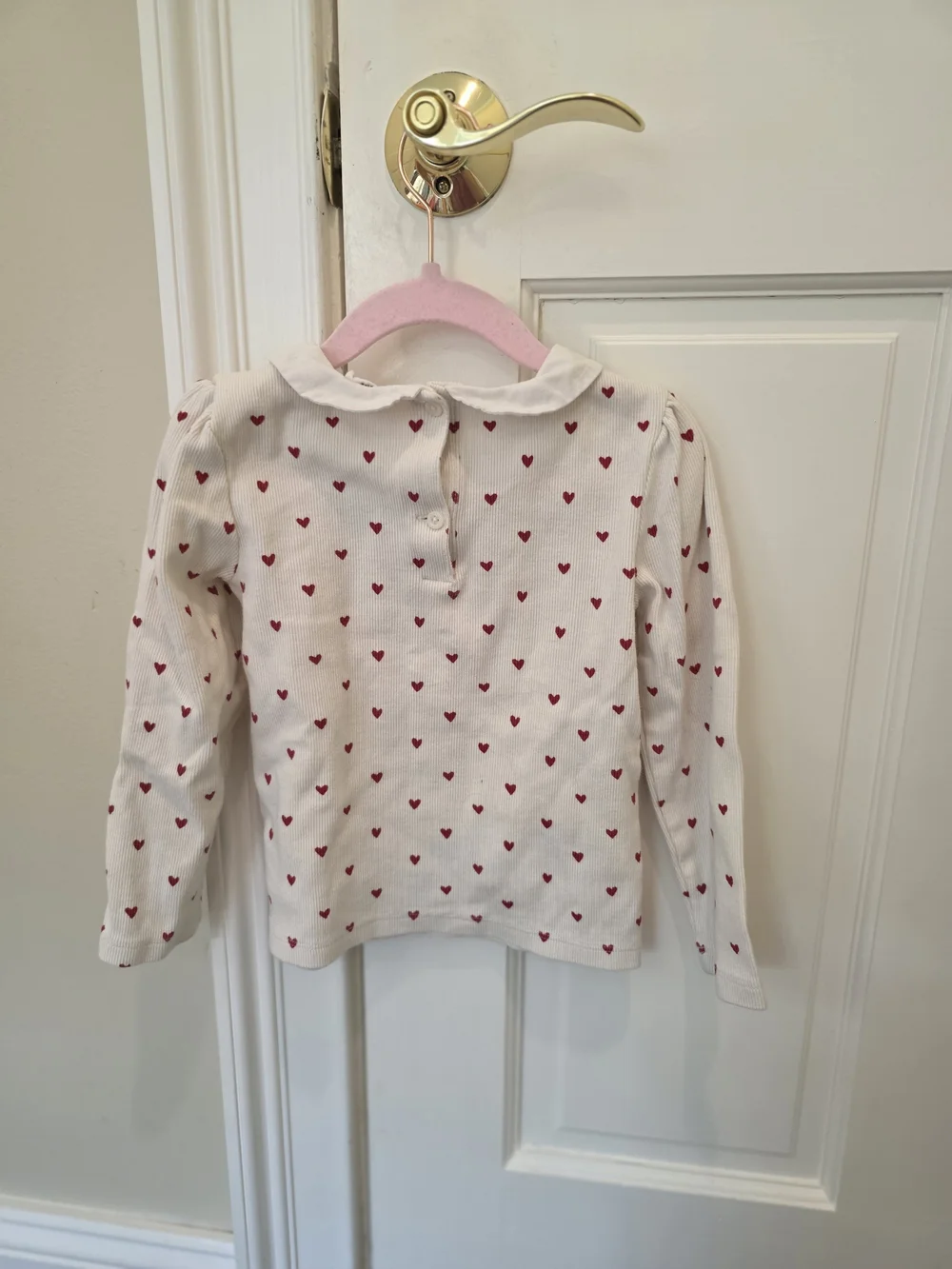 GAP Girls' Cream Long-Sleeve Top with Red Heart Print and Peter Pan Collar Sz 5